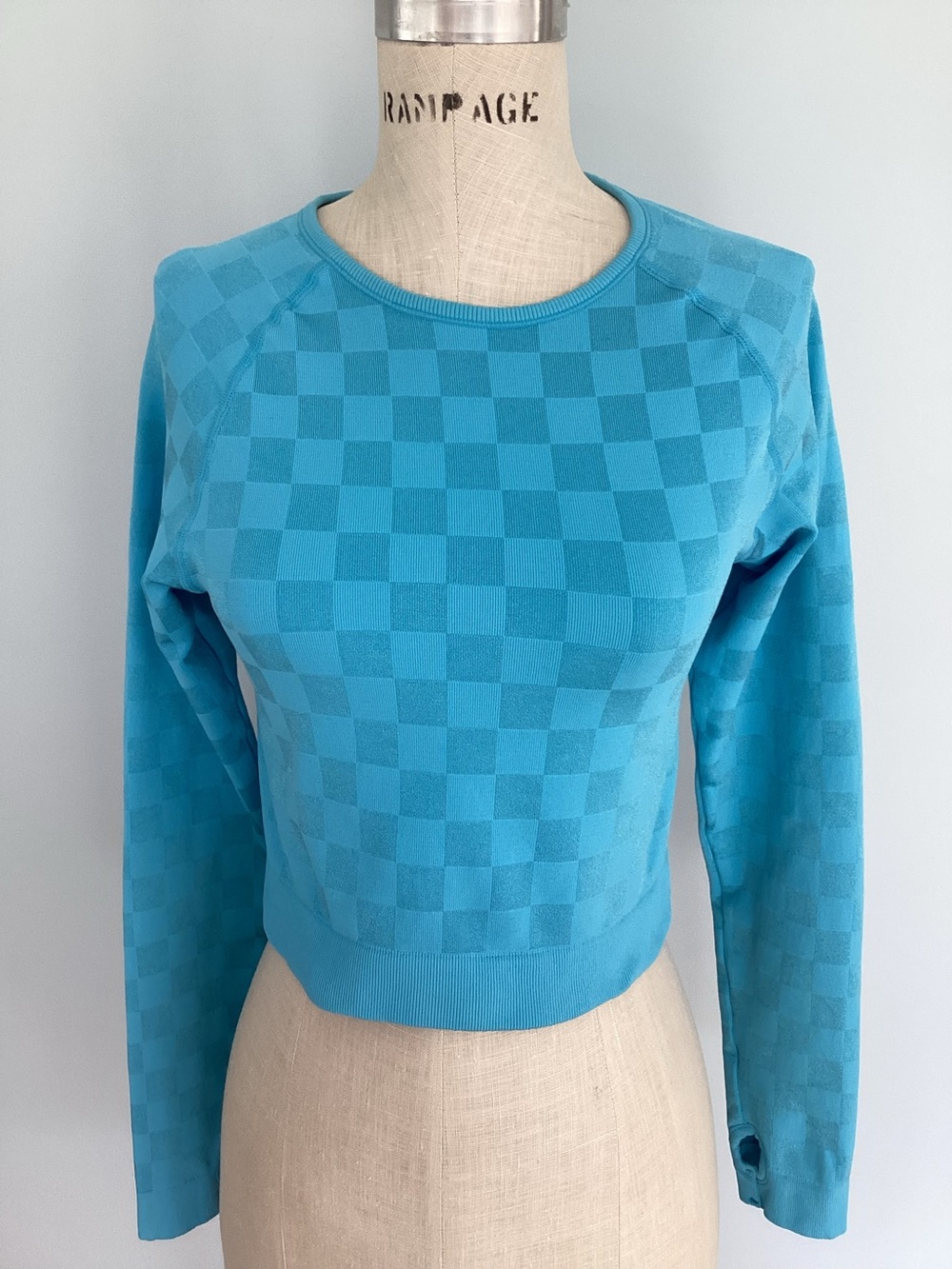 Joy Lab Blue Checker Knit Crewneck Long Sleeve Crop Top Size X-Large